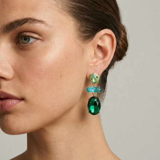 Summer in Capri Crystal Drop Earrings Green & Turquoise Statement