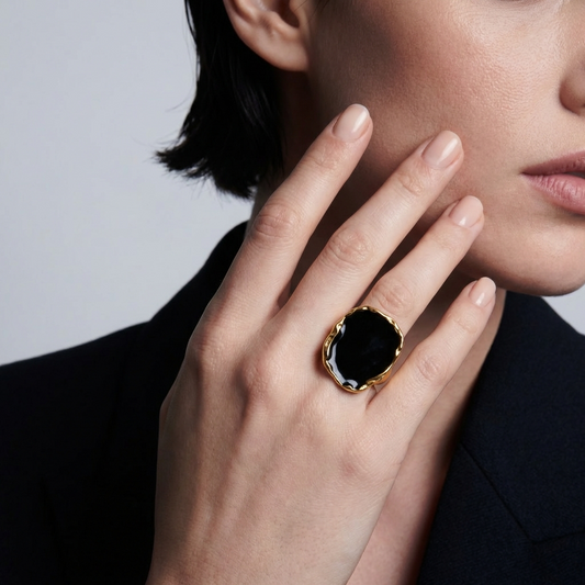 Yellow Gold Finish Black Statement Ring Sculptural Design