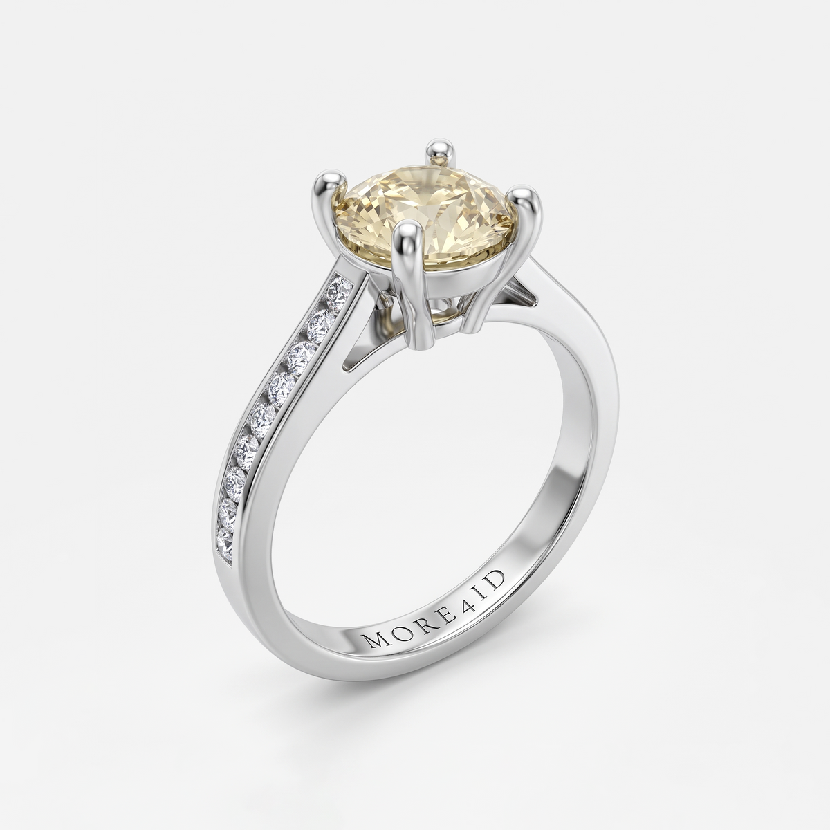 A silver-tone solitaire engagement ring featuring a round yellow gemstone in a four-prong setting, with a pavé band of small clear stones. The brand name 'MONEYD' is engraved on the inner band.