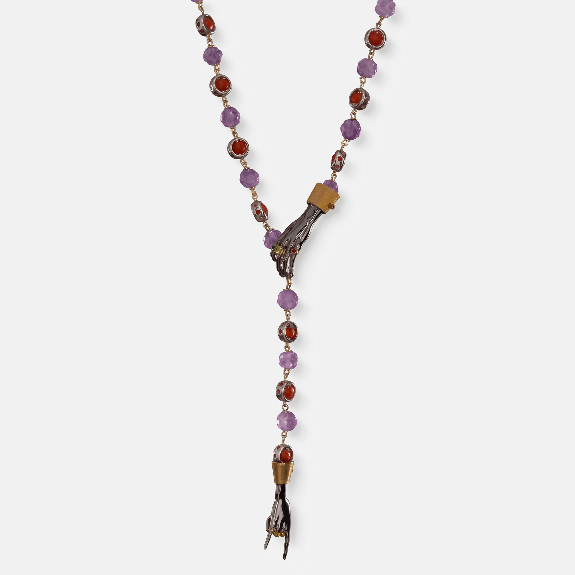 Y-shaped luxury necklace with sculptural hand pendants, amethyst and carnelian gemstones, statement designer jewellery, elegant modern fine jewellery