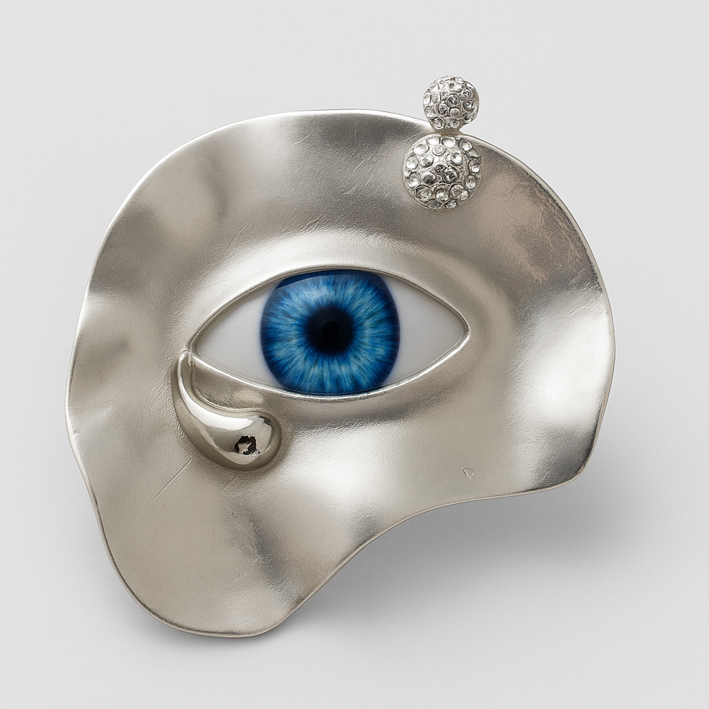 Silver ring with eye design on a white background