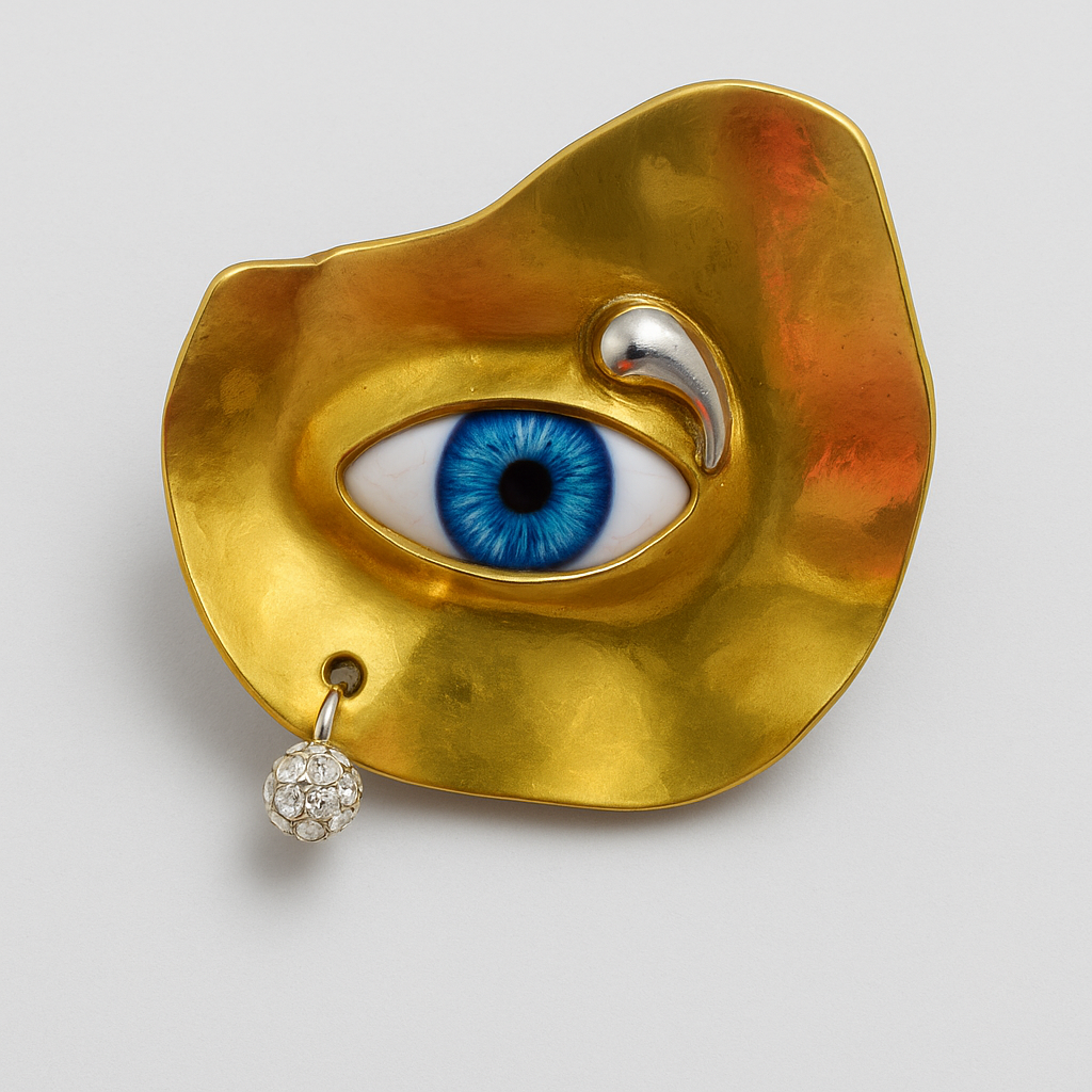 Gold ring with eye design on a gray background