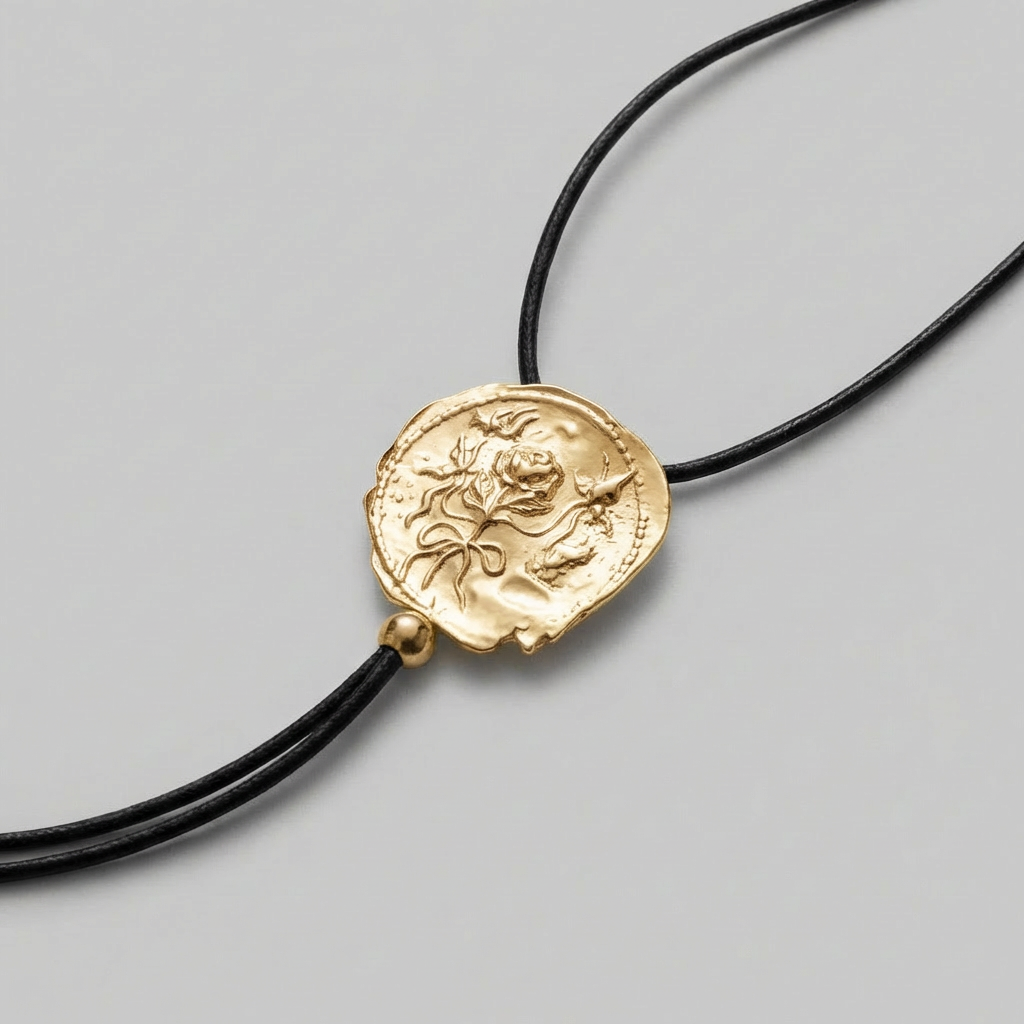 Gold pendant on a black cord against a gray background