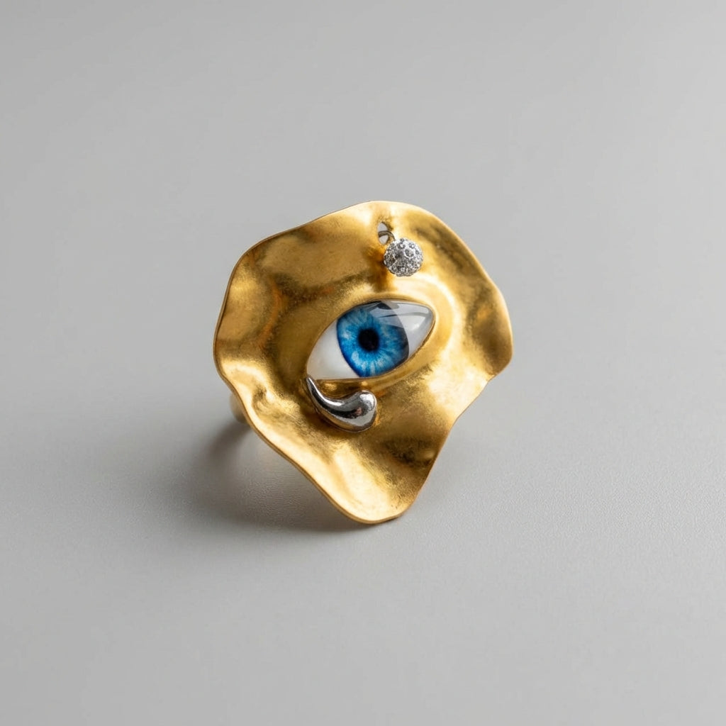 Gold ring with a blue eye design on a gray background