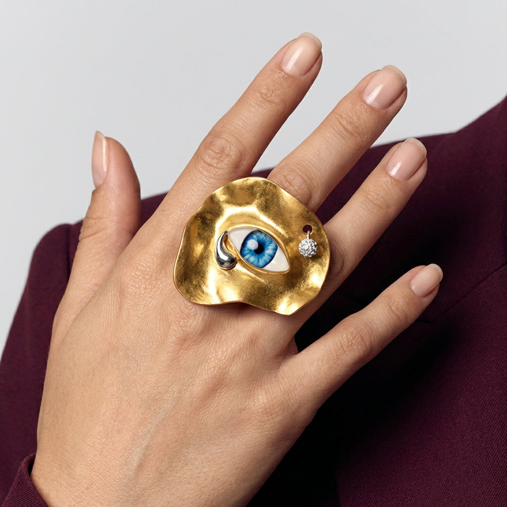 Gold ring with eye design on a hand against a neutral background