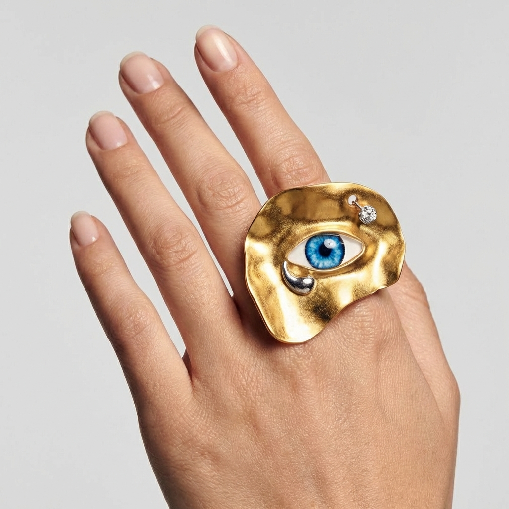 Gold ring with eye design on a hand against a gray background