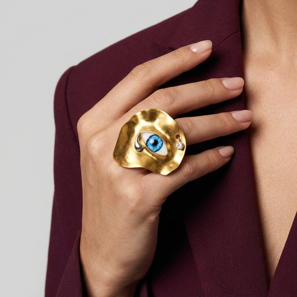 Gold ring with eye design on a hand against a plain background