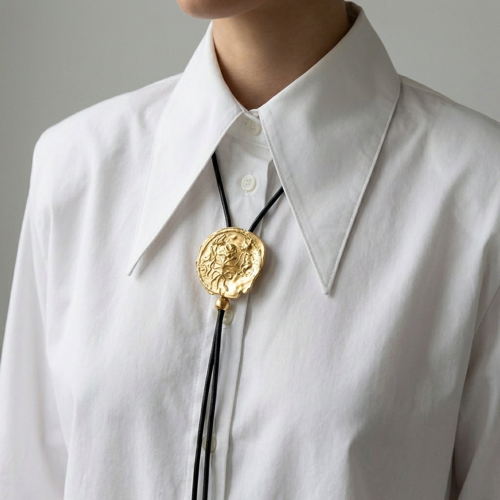 Gold bolo tie on a white shirt against a gray background