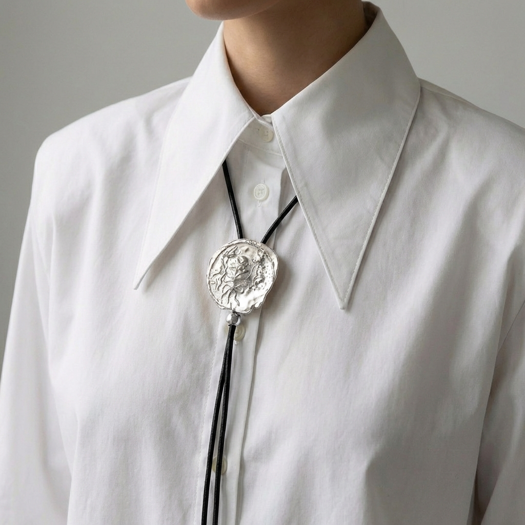 Silver bolo tie on a white shirt against a gray background