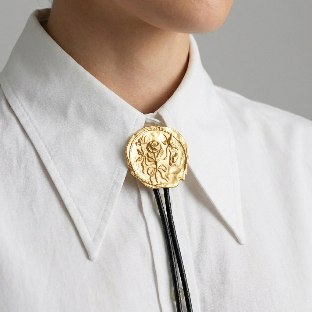Gold bolo tie with intricate design on a white shirt against a gray background