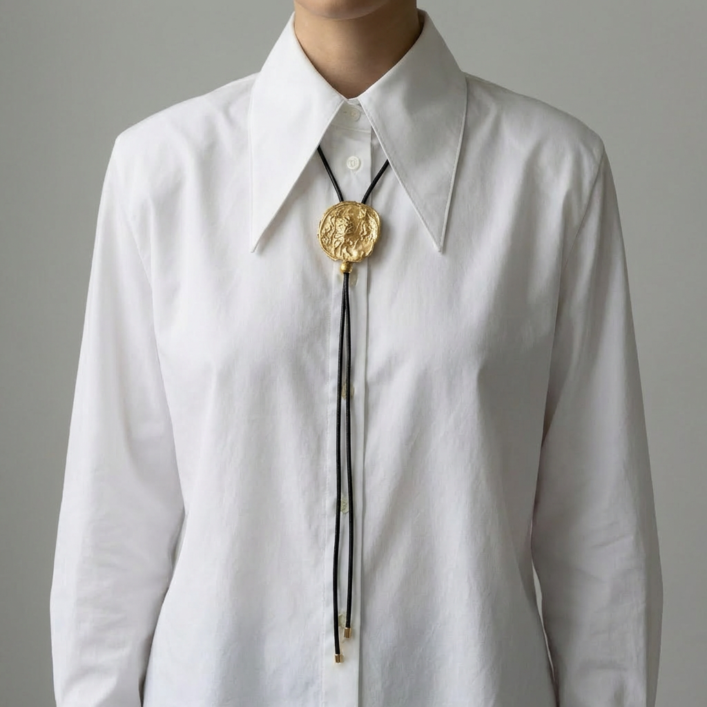 Gold bolo tie with black cord on a gray background