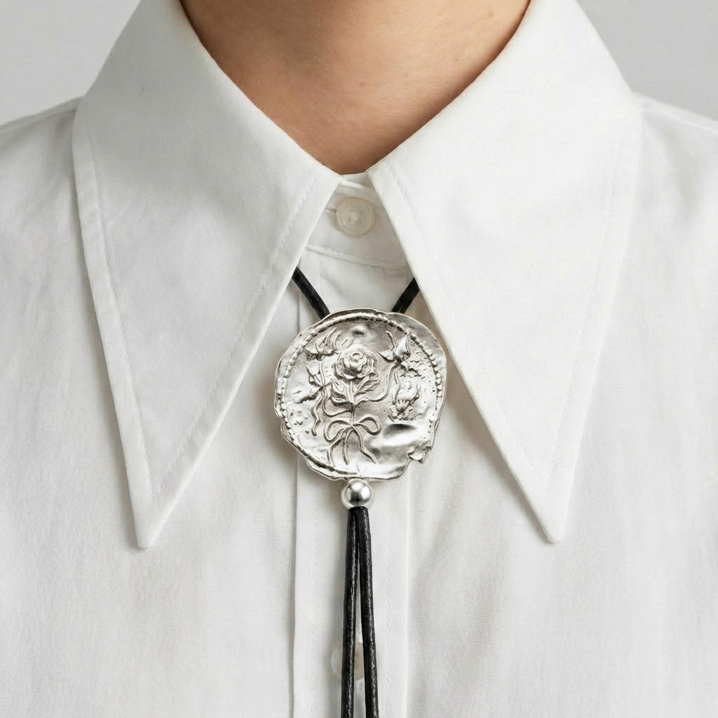 Silver bolo tie with intricate design on a white shirt