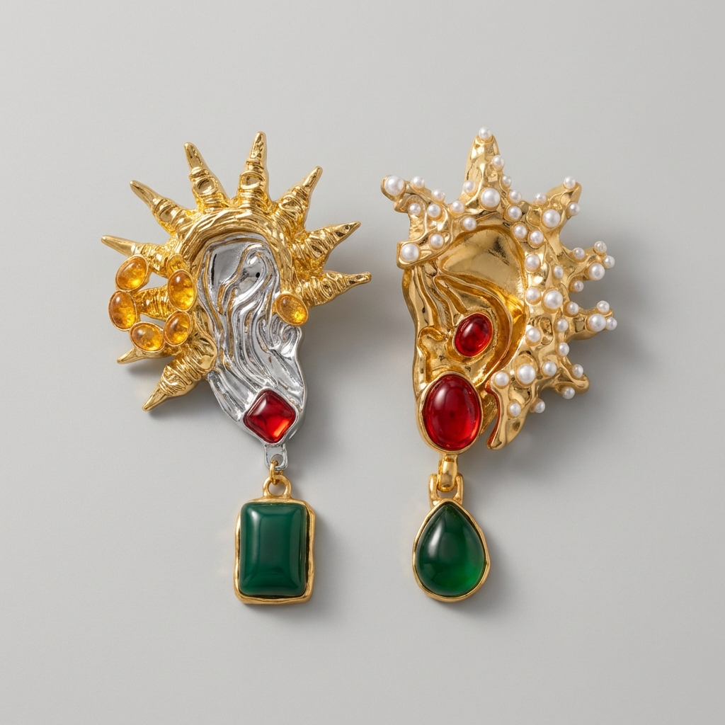 Pair of ornate earrings with gemstones on a gray background