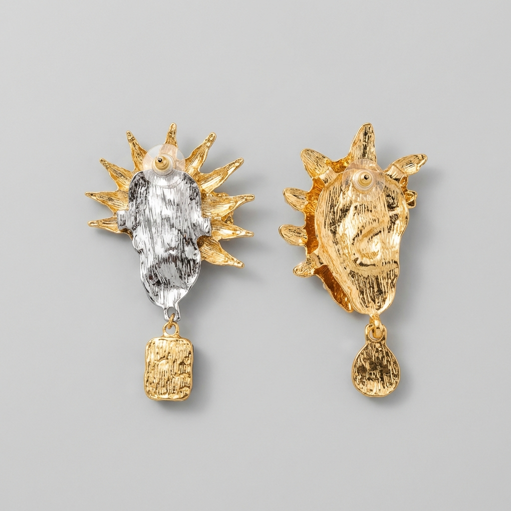 Pair of gold and silver earrings on a gray background