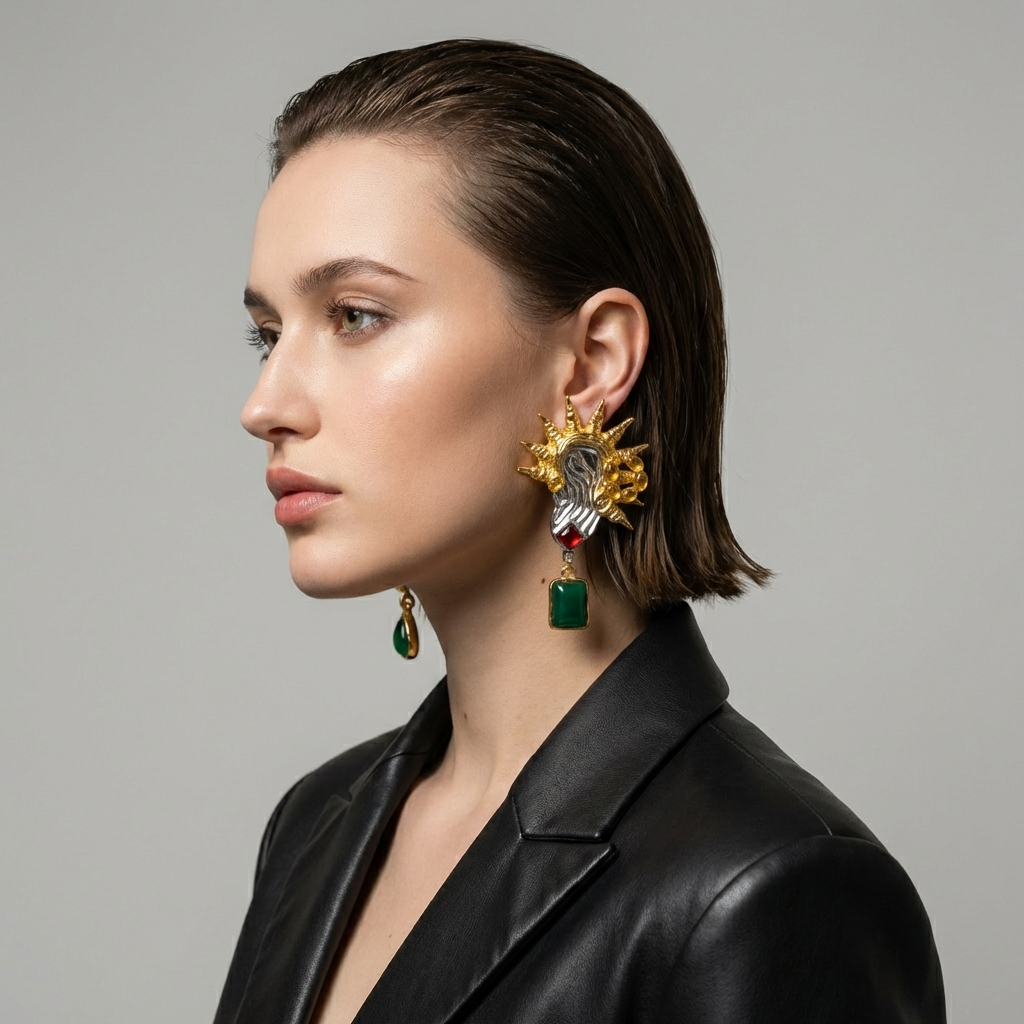 Woman wearing gold and green earrings against a gray background