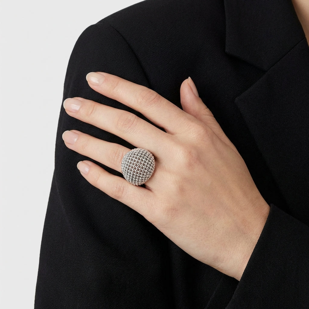 Sterling Silver Textured Dome Ring 925 Adjustable Statement