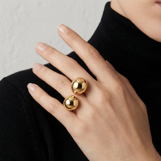 Gold Finish Sculptural Double Sphere Ring