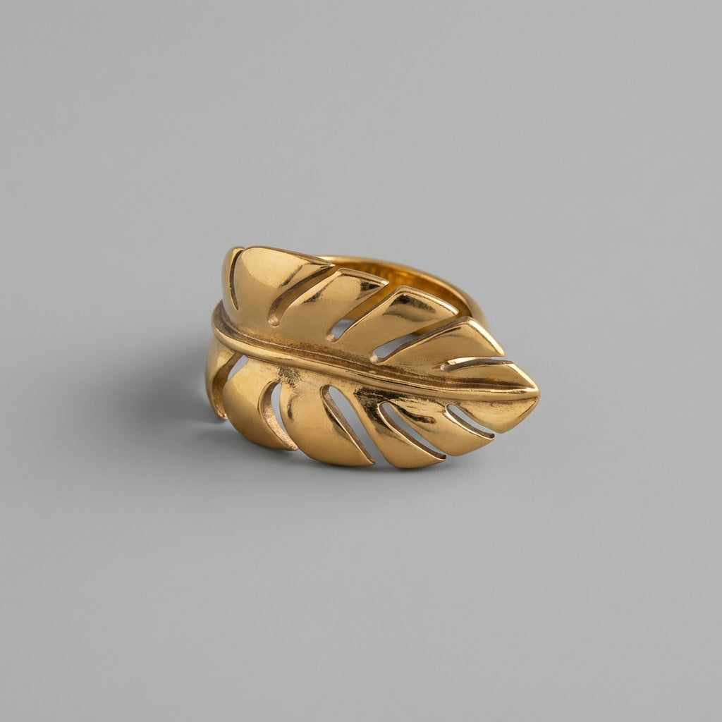 Gold Finish Leaf Ring Sculptural Steel Statement