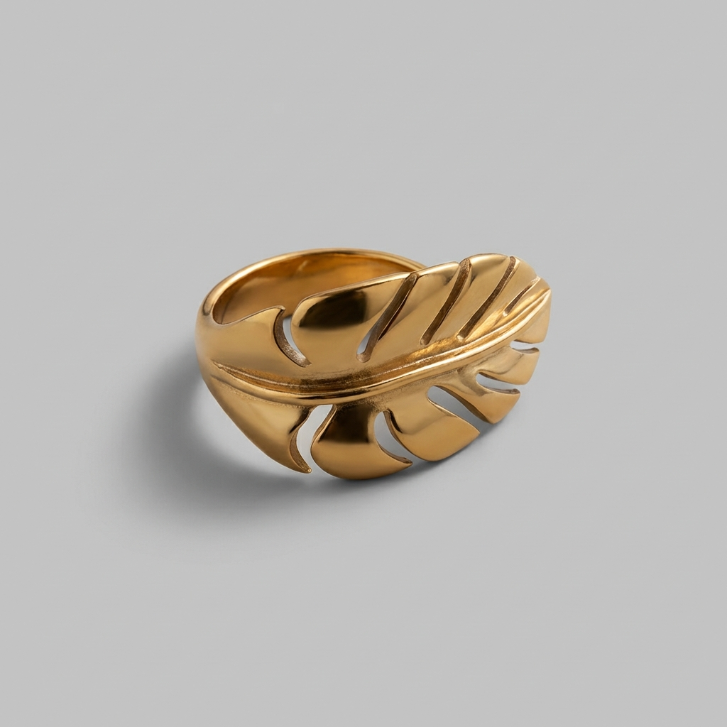 Gold Finish Leaf Ring Sculptural Steel Statement