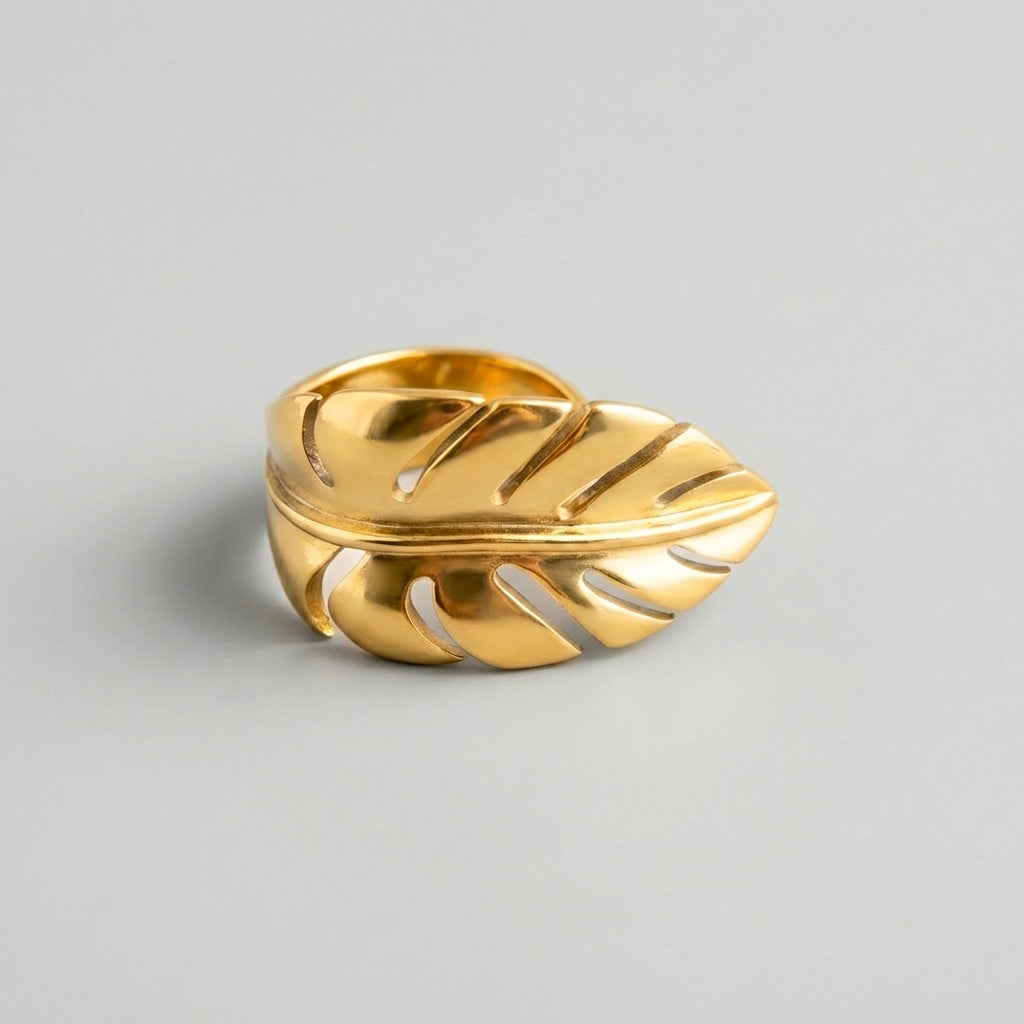 Gold Finish Leaf Ring Sculptural Steel Statement