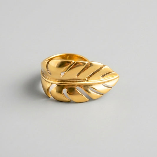Gold Finish Leaf Ring Sculptural Steel Statement