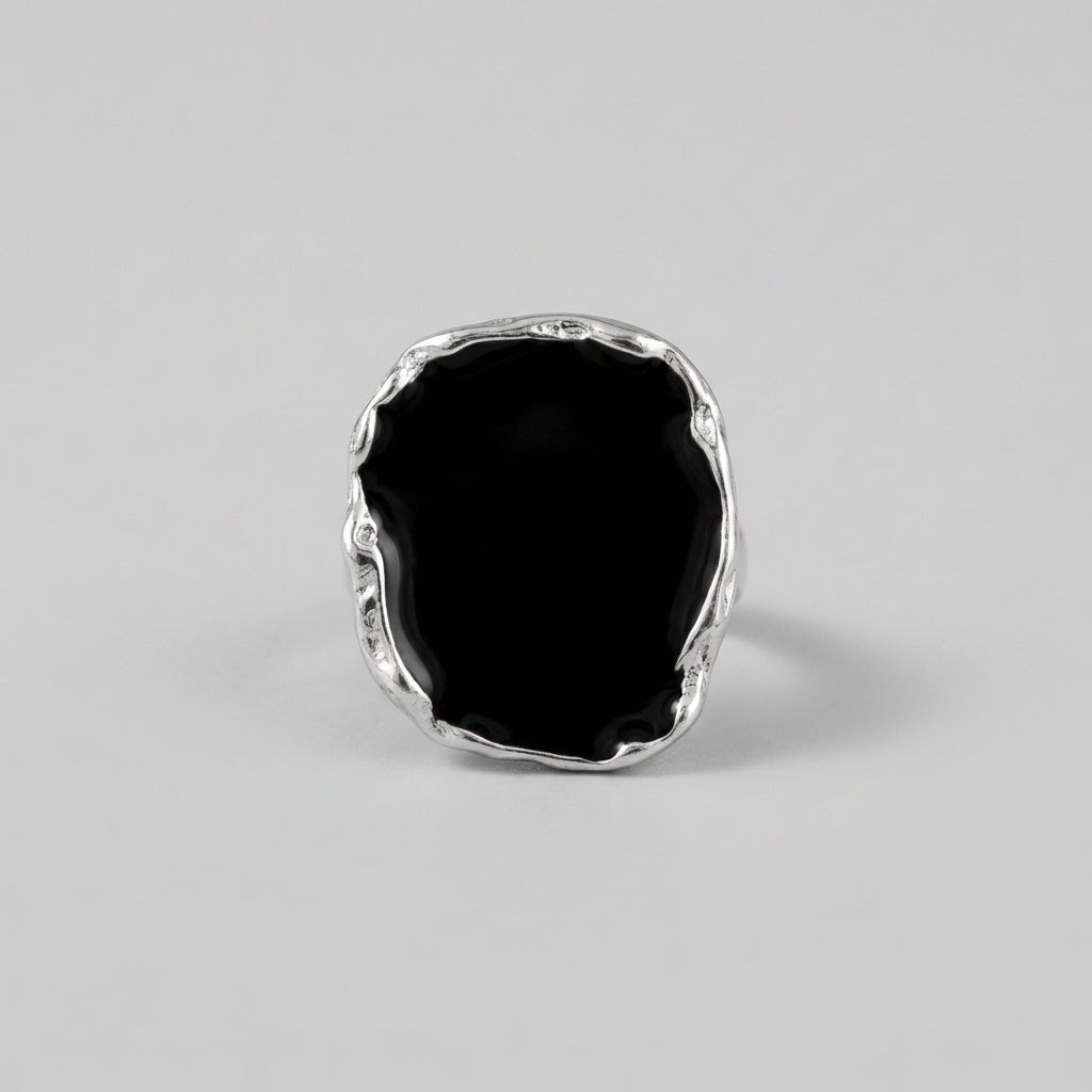 Silver Finish Black Statement Ring Sculptural Design