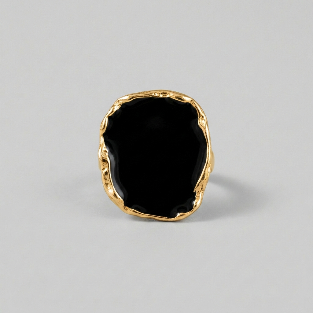 Yellow Gold Finish Black Statement Ring Sculptural Design