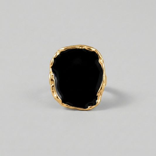 Yellow Gold Finish Black Statement Ring Sculptural Design