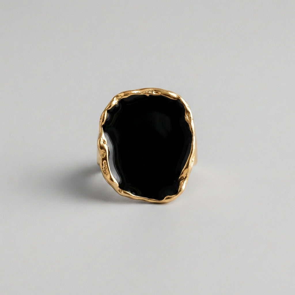 Yellow Gold Finish Black Statement Ring Sculptural Design