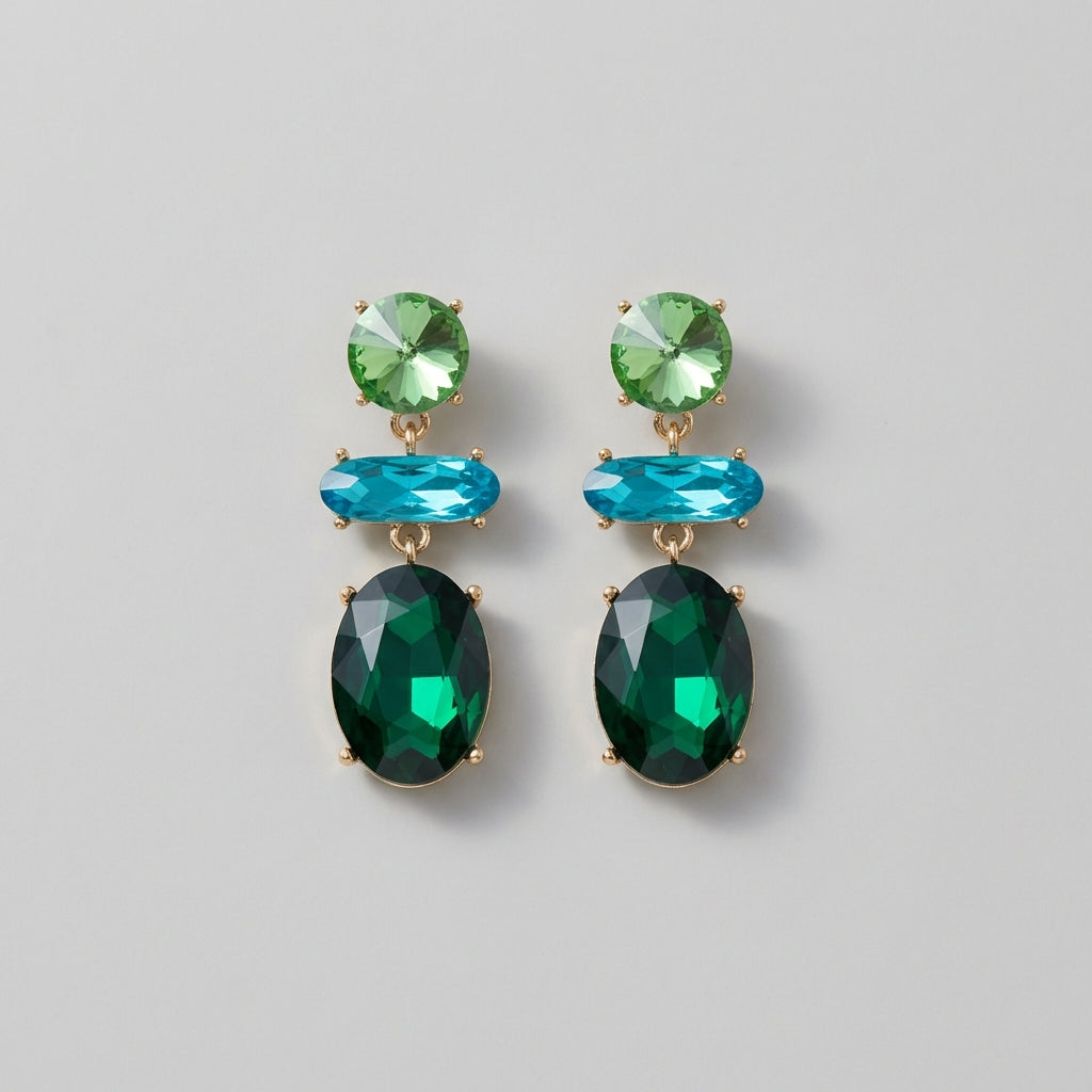 Summer in Capri Crystal Drop Earrings Green & Turquoise Statement