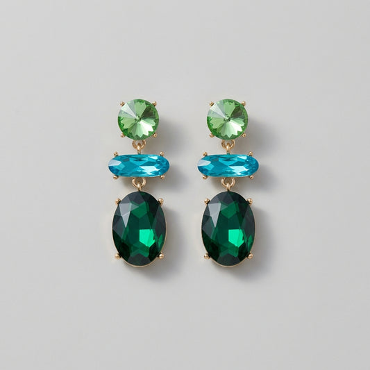Summer in Capri Crystal Drop Earrings Green & Turquoise Statement