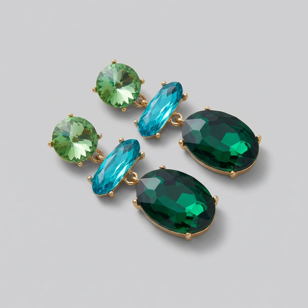 Summer in Capri Crystal Drop Earrings Green & Turquoise Statement