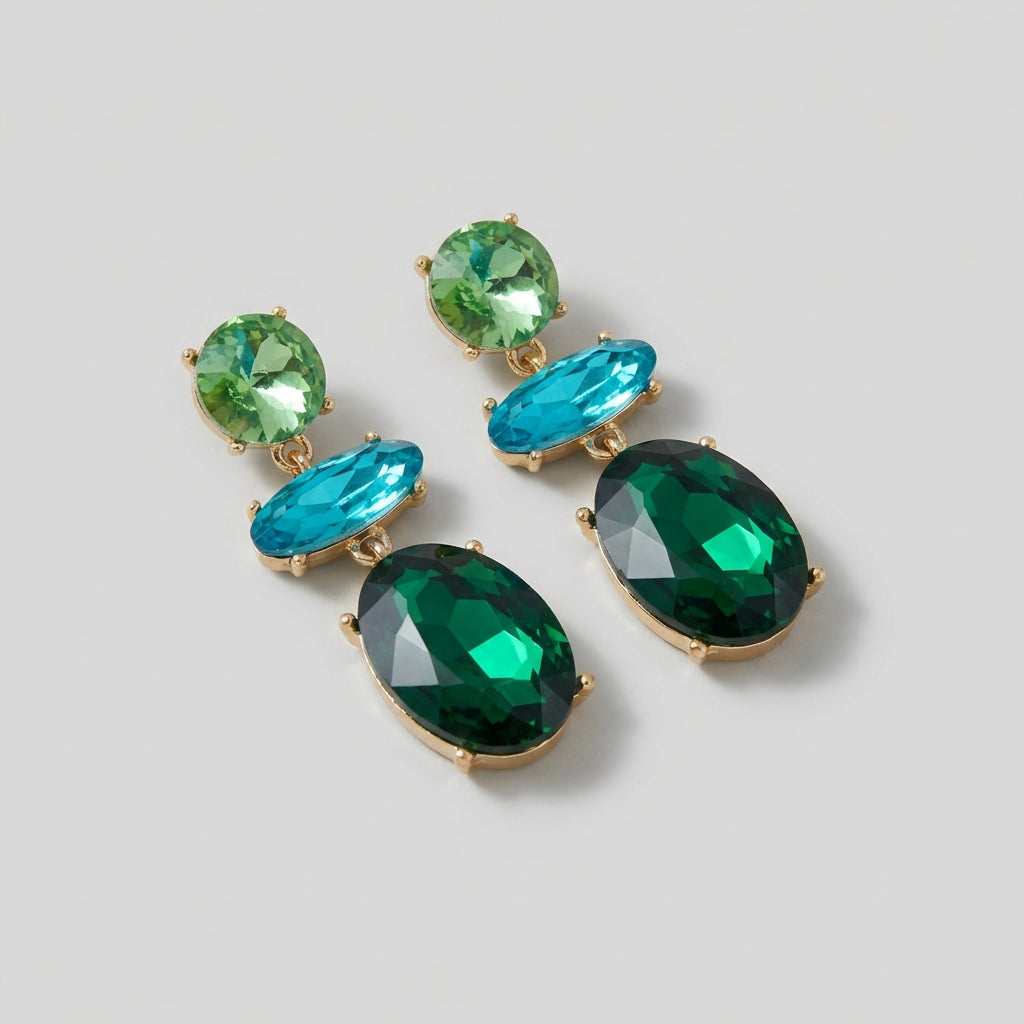 Summer in Capri Crystal Drop Earrings Green & Turquoise Statement