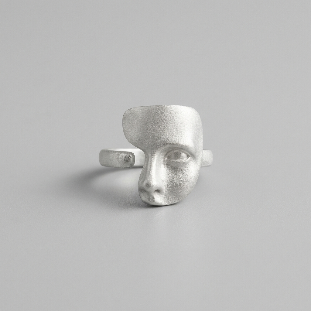 925 Sterling Silver Face Ring Artistic Sculptural Statement