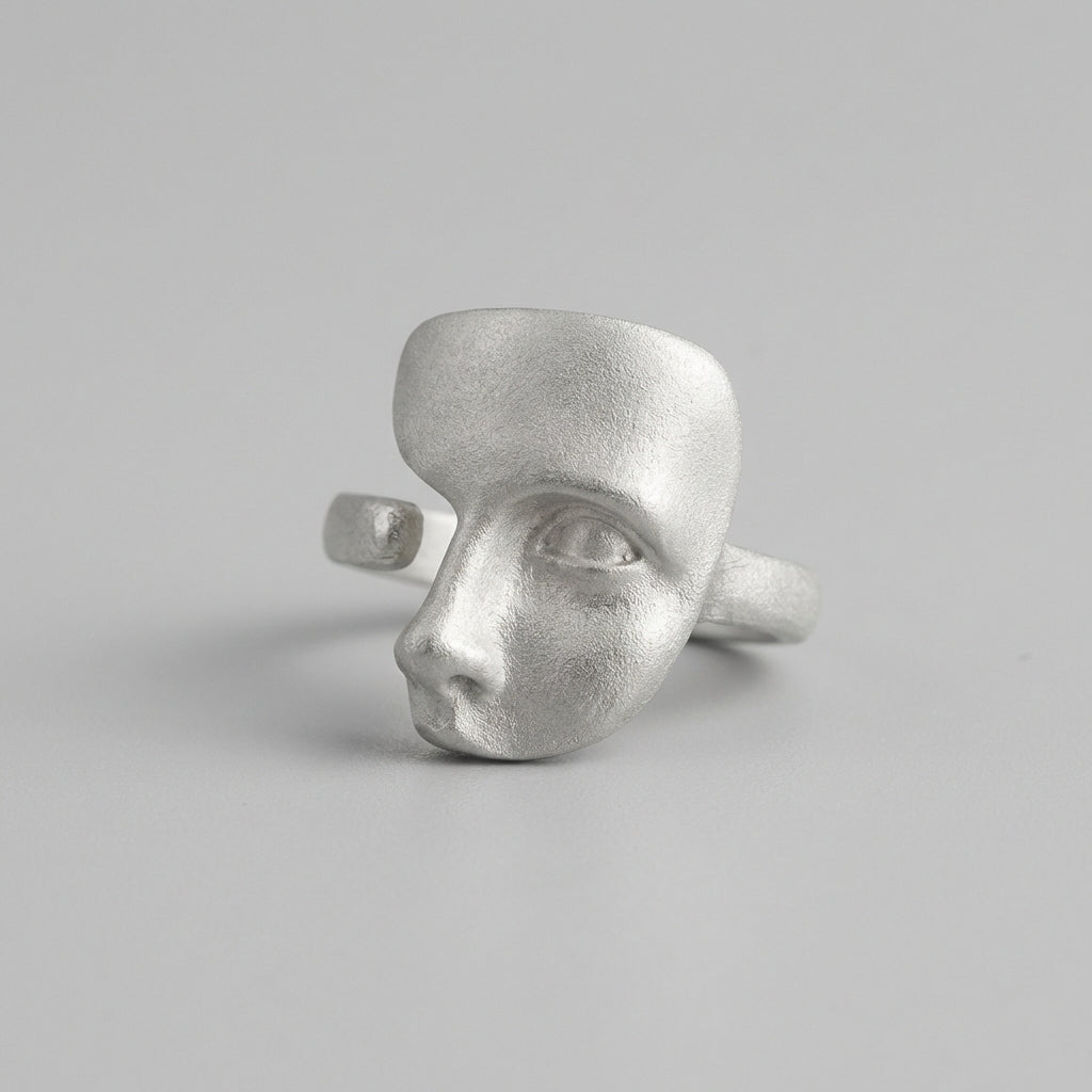925 Sterling Silver Face Ring Artistic Sculptural Statement