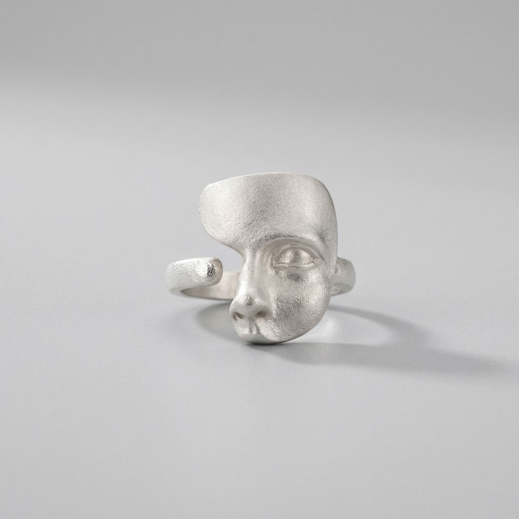 925 Sterling Silver Face Ring Artistic Sculptural Statement