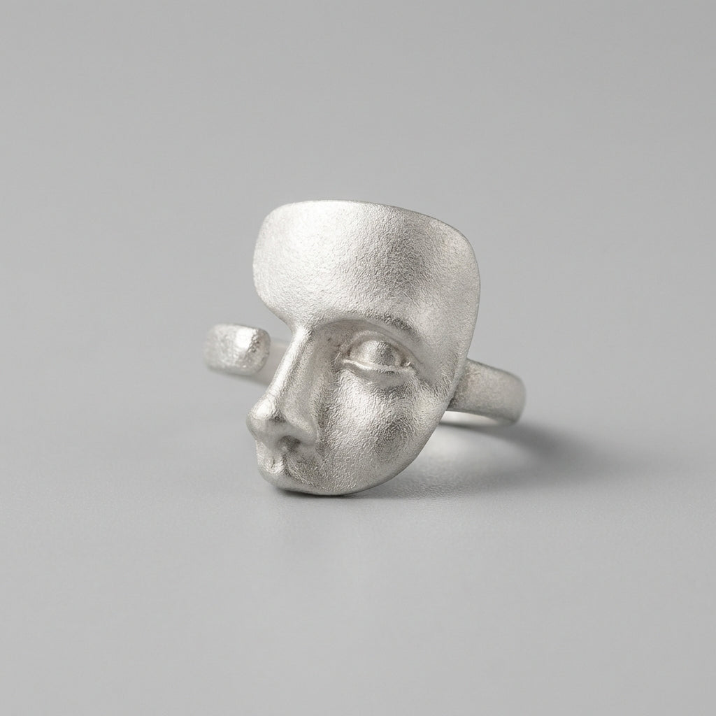 925 Sterling Silver Face Ring Artistic Sculptural Statement