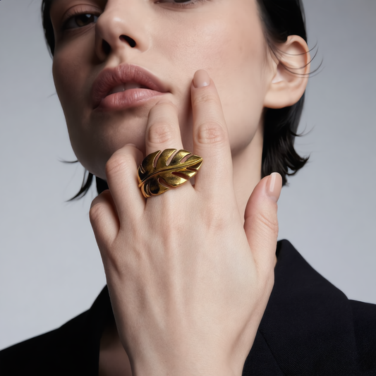 Gold Finish Leaf Ring Sculptural Steel Statement