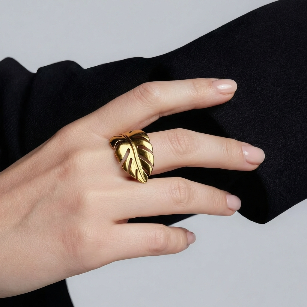 Gold Finish Leaf Ring Sculptural Steel Statement