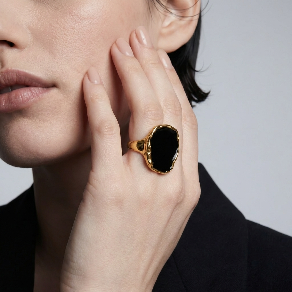Yellow Gold Finish Black Statement Ring Sculptural Design