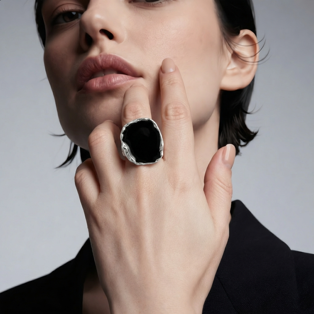 Silver Finish Black Statement Ring Sculptural Design