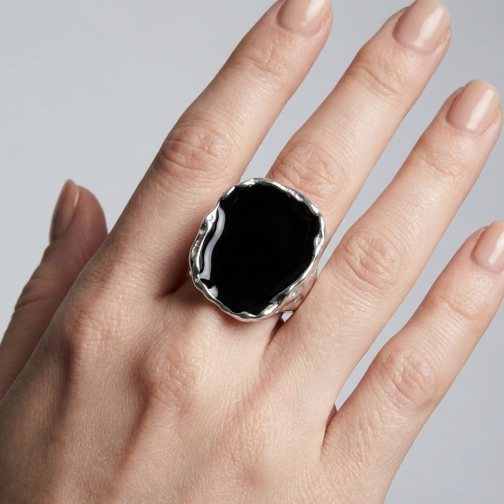 Silver Finish Black Statement Ring Sculptural Design