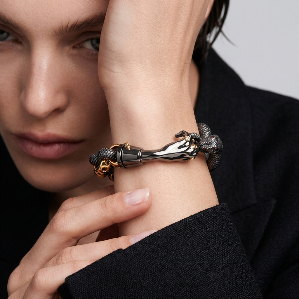 Model wearing black and gold snake bracelet with hand clasp, statement jewellery UK