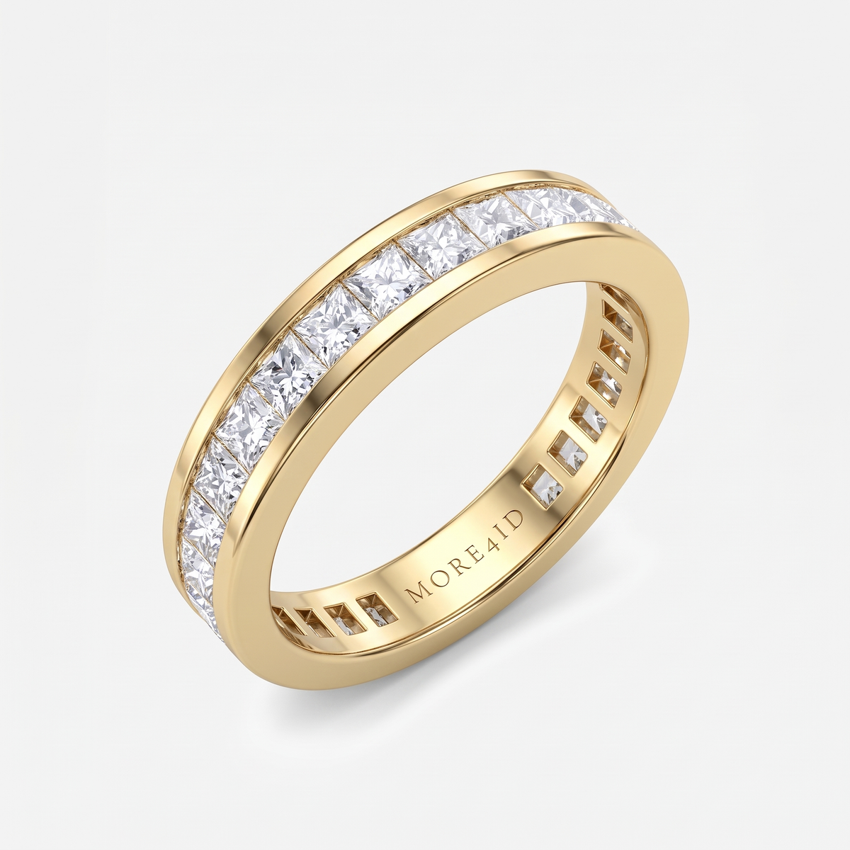 A yellow gold eternity ring featuring a double row of princess-cut clear diamonds. The brand name 'MORE41D' is engraved on the inner band.