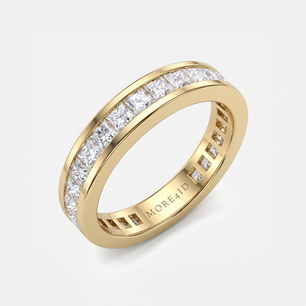 A yellow gold eternity ring featuring a double row of sparkling clear round-cut stones, with the brand name 'MOREA1D' engraved on the inner band, set against a clean light gray background.